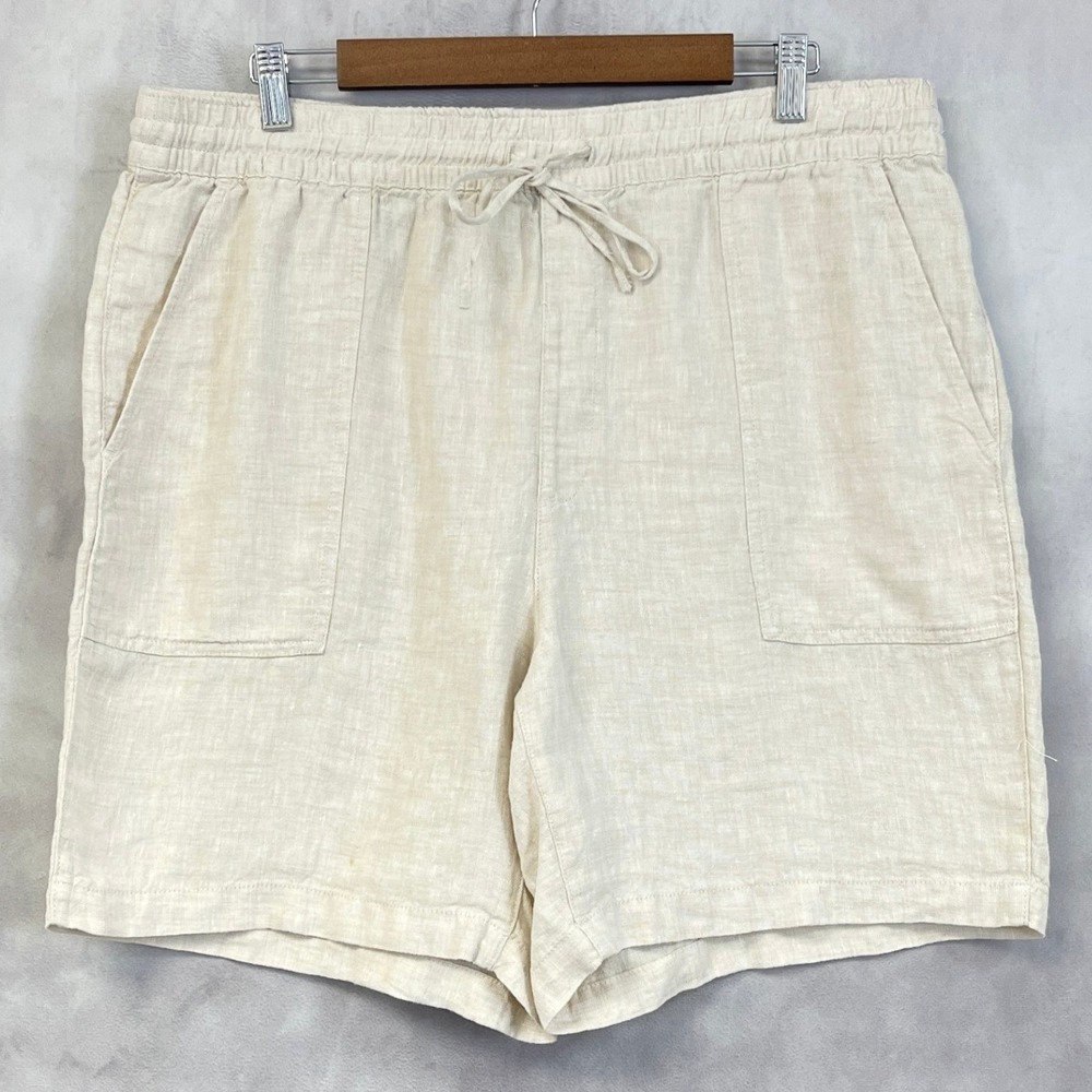 Lands End Linen High Rise Shorts Women Size Large Beige Neutral Minimal Coastal - Picture 2 of 13